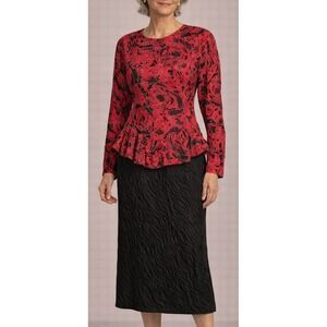 Vintage Argenti Red Black Longsleeve Floral Peplum 100% Silk Dress Womens Size 6